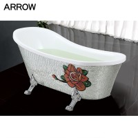 Cheap price foshan bathtub supplier and silver backgorund red flower mosaic mural decor free standing small royal bathtub