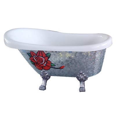 Chinese factory hot sale free standing bathtub with silver mosaic red flower mural decor artwork small bathroom acrylic bathtub