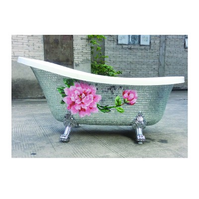 Chinese manufacturers small free standing bathtub acrylic with glass mosaic tiles flower mural decor for bathroom or crafts